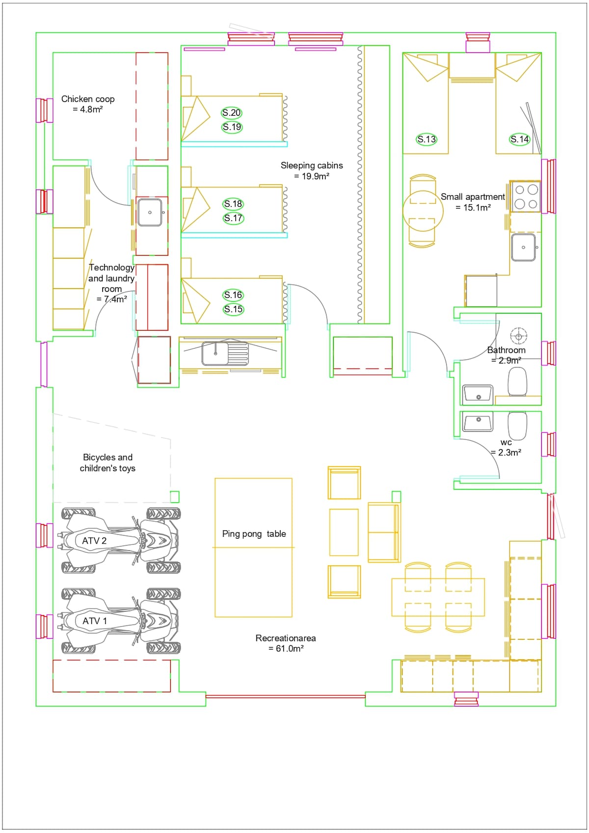Floor plan of the barn with the recreation area, sleeping cabins and small apartment